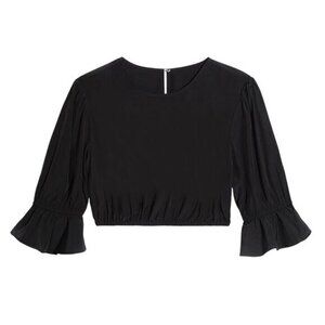 Womens Black Cropped Blouse With Elastic Hem & Flared Cuffs M